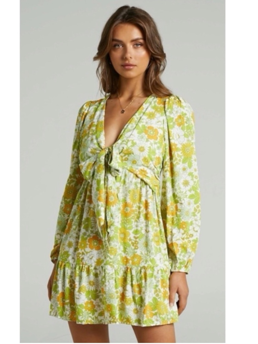 Showpo. Floral Tie-Front Long Sleeve Mini Dress
